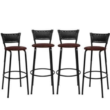 Imagem de Kit Com 4 Banquetas Altas Para BalcãO, Estilo Americano Com Assento De Junco Natural, Para Cozinha, Bar E áRea Gourmet(FLORAL PRETO)