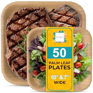 Imagem de Prato quadrado de folha de palmeira 100% natural de 25,4 cm e 17,8 cm (pacote com 50), utensílios de jantar compostáveis e biodegradáveis para catering, aniversários, Halloween, churrascos, ação de