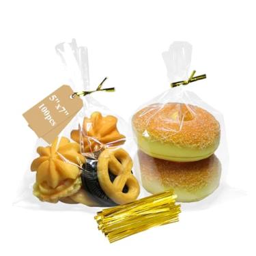 Imagem de MATEPLUS Sacos de presente de celofane transparente, 100 peças de plástico OPP de 12,7 cm x 17,8 cm com 100 peças de laços dourados torcidos para lembrancinhas de festa, armazenamento de alimentos