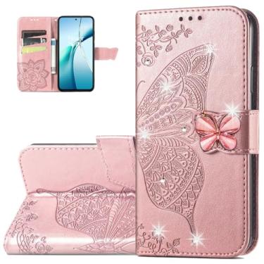 Imagem de Dinglijia Capa carteira para Motorola Moto G56, capa de couro PU padrão borboleta com fecho magnético e compartimentos para cartão de dinheiro coldre para Moto G56, strass ouro rosa