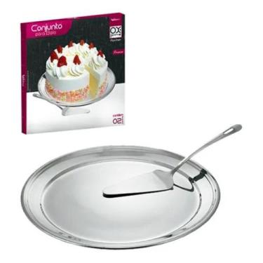 Imagem de Conjunto Kit Prato e Espátula em Inox para Bolos Doces Tortas - NoBran