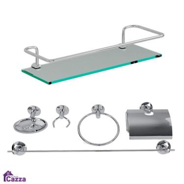 Imagem de Kit Acessório Banheiro Aço Inox 6 Peças Porta Shampoo Reto