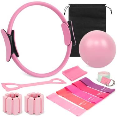Imagem de WYDHven Kit essencial de pilates para mulheres, conjunto completo de anel e bola de pilates 13 em 1 com 5 faixas de resistência TPE, pesos no tornozelo, faixa de tração em 8 formas, alça elástica e