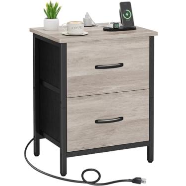 Imagem de Vagusicc Mesa de cabeceira com estação de carregamento, mesa de cabeceira com portas USB e tomada, mesa lateral com 2 gavetas de tecido para quarto, sala de estar, cinza