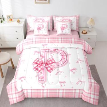 Imagem de Conjunto de edredom solteiro com letra P, 7 peças, com laço de princesa, para crianças, meninos, meninas, coquete rosa, monograma, presente personalizado para mulheres e homens