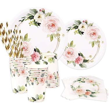 Imagem de Pratos de papel floral, 24 convidados, pratos de jantar, pratos de sobremesa, copos de 265 g, canudos de papel dourados e guardanapos para chá de bebê e festa de aniversário, decoração de festa