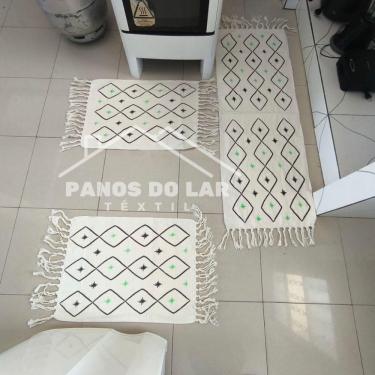 Imagem de Jogo Passadeira Com Nozinho 03 Peças Jogo De Tapete Para Cozinha Geometrico 100% Algodã...