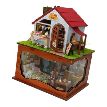 Imagem de oshhni Kit de casa em miniatura faça você mesmo, quebra-cabeça de madeira 3D, modelo diorama, brinquedo educacional para construção de casa com LED, padaria