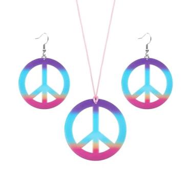 Imagem de Conjunto de joias de sinal de paz - colar e brincos hippie multicoloridos, pingente retrô com símbolo da paz dos anos 60 e 70, ideal para Halloween, festa e uso diário, Resina, Sem Pedra Preciosa