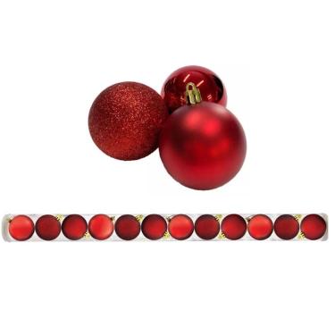 Imagem de Kit 12 Bolas De Natal Mista Fosca, Lisa E Glitter Vermelha 5cm - Master Christmas