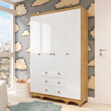 Imagem de Guarda-Roupa de Bebê Júnior New 4 Portas 3 Gavetas 100% Mdf Branco Brilho/Amêndoa - Móveis Peroba