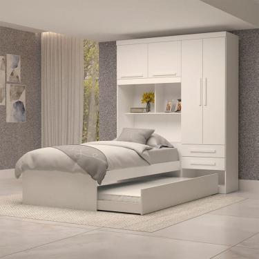 Imagem de Guarda-Roupa Solteiro com Cama Milena 4 Portas 2 Gavetas 100% Mdf Flex Branco - Acp Móveis