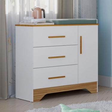 Imagem de Cômoda Infantil Popy Retrô 1 Porta 3 Gavetas 100% Mdf Branco Brilho/Amêndoa - Móveis Peroba