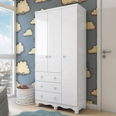 Imagem de Guarda-Roupa de Bebê Júnior New 3 Portas 3 Gavetas 100% Mdf Branco Brilho - Móveis Peroba