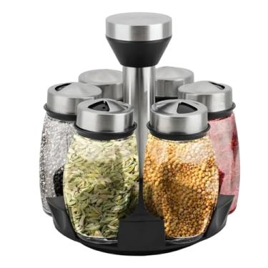 Imagem de Kit Porta Temperos Giratório com 6 Potes de Vidro, Tampa Prateada, Base Giratória, Organizador de Condimentos Hermético para Cozinha, Preserva Aroma e Sabor Economiza Espaço na Bancada Wbcom