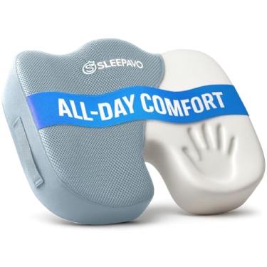 Imagem de Sleepavo Almofada de assento de espuma viscoelástica cinza para cadeira de escritório - travesseiro para ciática, cóccix, costas, cóccix, alívio da dor nas costas - almofada ortopédica para cadeira de apoio lombar em mesa de escritório, carro, avião