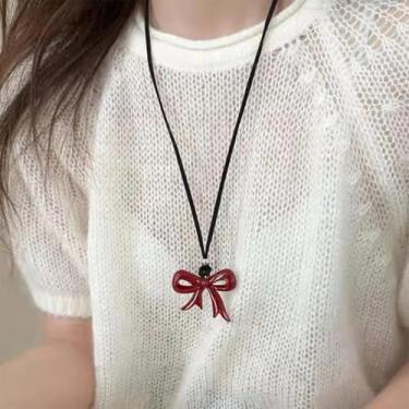 Imagem de 1 colar com pingente de coração vermelho, moderno, retrô, grande, em forma de coração, corrente de corda, joia para presente