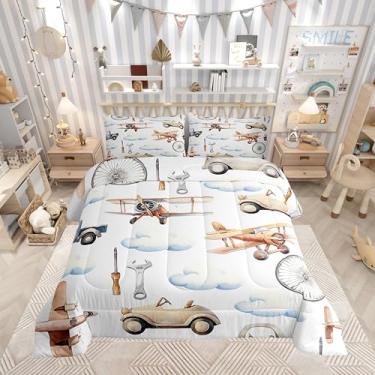 Imagem de Conjunto de edredom casal, para meninos e meninas, caminhão, avião, vintage, decoração de quarto de meninos e meninas, conjunto de edredom com 3 peças, ferramentas de reparo, macio e fofo