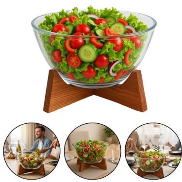 Imagem de Saladeira Bowl Vidro 2,7 L Suporte Madeira Acácia Hauskraft - Haüskraf