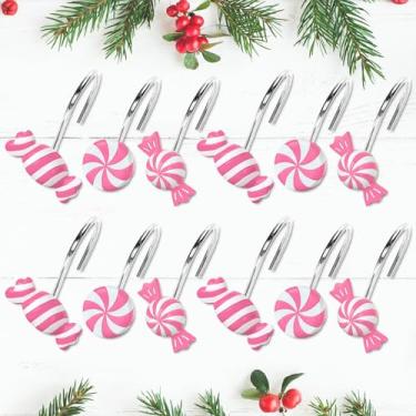 Imagem de Whaline 12 peças de ganchos de cortina de chuveiro de Natal decorativos de Natal doces anéis de varão de chuveiro de resina rosa branca ganchos para decoração de férias, sala de estar, quarto