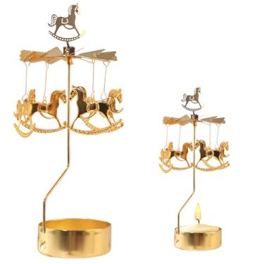 Imagem de Habbiful Suporte de vela giratório de Natal, suporte de vela de metal para luzes de chá, suporte de vela de carrossel dourado para mesa de centro de mesa, festival de Natal, decoração de casa