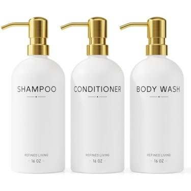Imagem de Conjunto de dispensador de xampu e condicionador, 3 frascos recarregáveis de 473 ml com bombas de aço inoxidável – Dispensadores de sabão de banho para banheiro, hotel ou Airbnb (dourado, pacote com 3