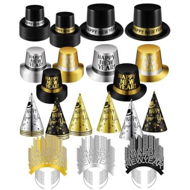 Imagem de Shappy 120 peças de artigos de festa de ano novo para 120 convidados, preto, ouro, prata, wearables incluem 30 cartolas de plástico, 30 tiaras, 30 chapéus de cone, 30 chapéus de papel, ótimos