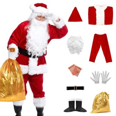 Imagem de Fantasia de Papai Noel de luxo para adultos, conjunto de fantasia de Papai Noel, 10 peças, Vermelho, XL