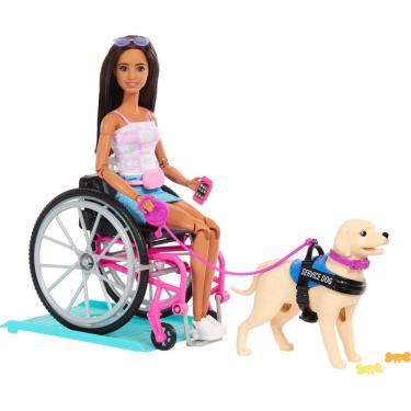 Imagem de Boneca moderna Barbie Brunette com cão de serviço, cadeira de rodas e acessórios