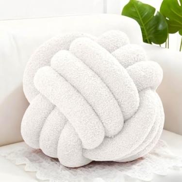 Imagem de Adlbbkiy Bola de almofada de nó marfim de 21 cm, almofada redonda macia feita à mão com nó, almofada de pelúcia para decoração de casa, almofada de travesseiro de pelúcia com nó, para sofá de sala de