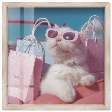 Imagem de Óculos de sol Shopper I Shadowbox Print Pink Glam Wall Art por Art Remedy, moldura loira, 50 x 50 cm