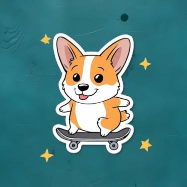 Imagem de Adesivo de Parede Infantil Kawai Corgi em Skate com Estrelas para Quarto de Criança 30x30cm