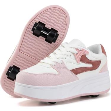 Imagem de ANEFUN Tênis De Patins Para Crianças, Meninos E Meninas, Tênis Com Rodas Removíveis, Calçado Esportivo Branco/Rosa