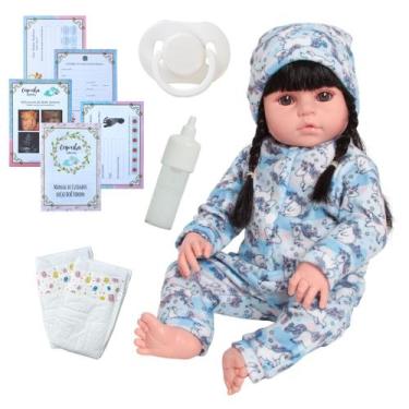 Imagem de Boneca Reborn Bebê Menina Morena Pode Molhar Kit Acessórios - Cegonha 