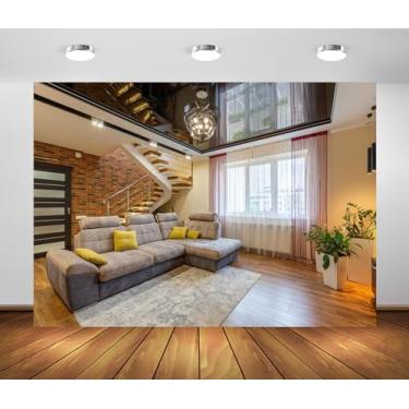 Imagem de BELECO Pano de fundo de tecido de 3 x 2,4 m para sala de estar, sala de estar, moderno, luxuoso, casa, janelas grandes, sofá, sala de fundo, fotografia, vídeo ao vivo, chamadas de zoom, sessão de