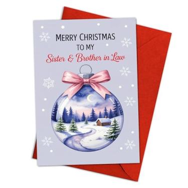 Imagem de Cartão de Natal para irmã e cunhado – Merry Christmas to My Sister & Brother-in-Law, design elegante de ornamento de cena de inverno nevado, cartão de felicitações de férias com fita rosa e arte de