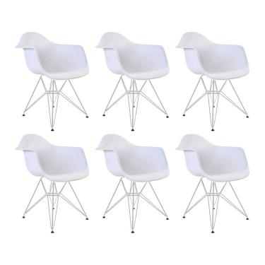Imagem de Kit 6 Poltronas Eames Eiffel Branca Com Braço Daw Ferro Branco - Cor: Branco