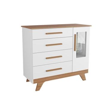 Imagem de Cômoda Infantil Retrô C/ 1 Porta Cristal E 4 Gavetas Branco/carvalho - Peroba