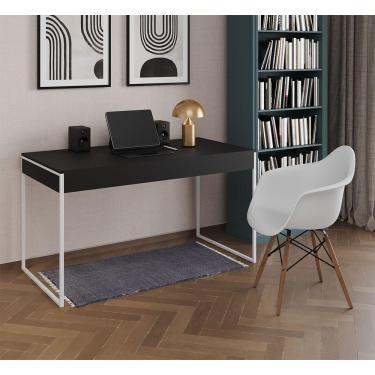 Imagem de Escrivaninha Home Office Estilo Industrial Preta 137X53Cm Ferro Branco Com 1 Poltrona Branca Preto