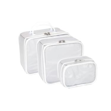 Imagem de Kit 3 Peças Necessaires Transparentes em PVC, Impermeáveis com Zíper, Tamanhos P/M/G, Organizadores para Viagem e Beleza (Fosco, Branco)