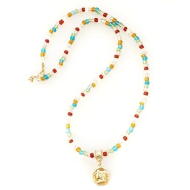 Imagem de Gargantilha de Cigana Colar de Miçangas Multi-Coloridas com Pingente de Medalha Moeda Dourada Umbanda Candomblé