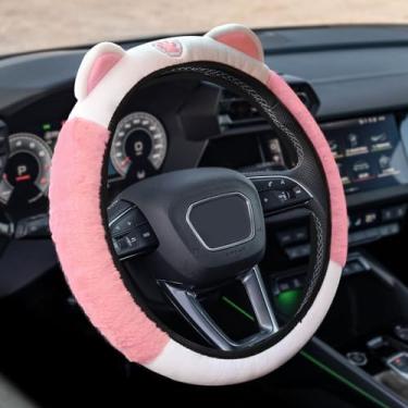 Imagem de HQRNYP Capa de volante de carro, protetor de volante, protetor automotivo de pelúcia macia e fofa, antiderrapante, elástica, adorável capa automotiva com orelhas de gatinho, adequada para a maioria
