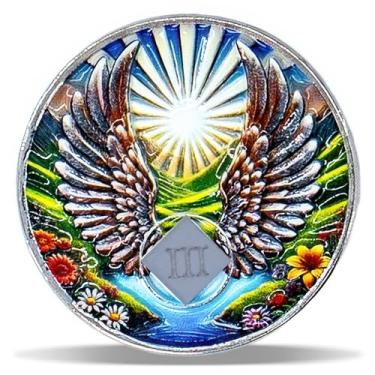 Imagem de Masfoponic Moeda de sobriedade de asas de anjo de 3 anos – Medalhão NA Radiant Sunrise – Token espiritual para recuperação e tempo limpo – Capacitando chips NA AA – Presente para homens e mulheres