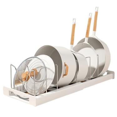 Imagem de Organizador de panelas e frigideiras embaixo do armário: suporte expansível para tampa de panela com 7 divisórias ajustáveis para tábuas de corte de armazenamento de cozinha, utensílios de cozinha