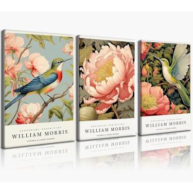 Imagem de Conjunto de arte de parede em tela emoldurada com 3 peças, estilo William Morris, estampa floral, pássaro, botânico, galeria, decoração de casa, arte de parede em tela vintage, para sala de estar