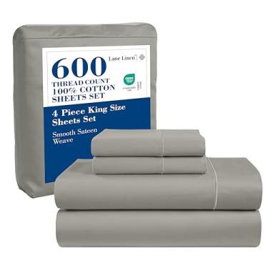 Imagem de LANE LINEN Jogo de lençol King – Conjunto de lençóis King Size 100% algodão com 600 fios, acabamento acetinado sedoso luxuoso de hotel, suave no corpo, bolso profundo de 38 cm totalmente elástico