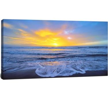 Imagem de Decoração de arte de parede grande pôr do sol em tela imagem nascer do sol oceano praia ondas cenário pintura moderna arte para escritório em casa sala de estar quarto decoração emoldurada pronta para