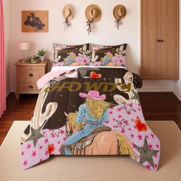 Imagem de Erosebridal Jogo de cama casal ocidental, chapéu de caubói Howdy, para decoração de quarto de crianças, meninas, conjunto de cama de cavalo do oeste boho, cacto exótico, conjunto de edredom e 2