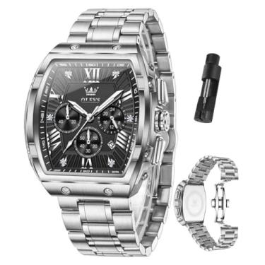 Imagem de Relógios Masculinos em Aço Inoxidável Tonneau Relógio Social Masculino com Data Mostrador Grande Cronógrafo À Prova d'Água Relógio de Luxo e Moderno Prata Preto 5639