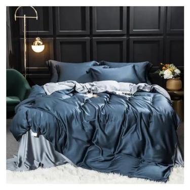 Imagem de EESCZVGBDX Jogo de cama luxuoso 100% seda verde cinza macio capa de edredom lençol de cima fronha Queen King, conjunto de edredom para todas as estações